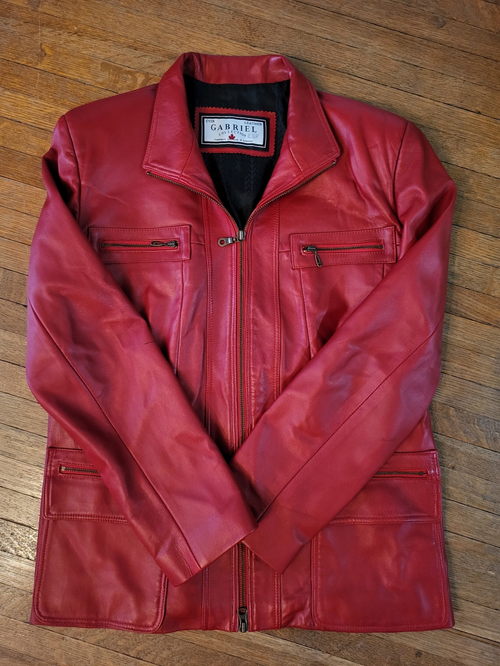 Women's Red Genuine Leather Zip Front Jacket